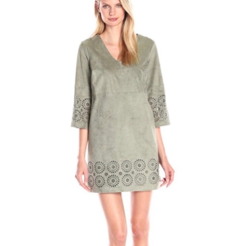 Vince Camuto Faux Suede Eyelet Olive Green Dress Sz 12